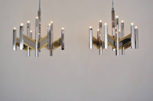 Pair Sciolari chandeliers `Chevron` 9 lights brass & chrome, 1970`s Italian